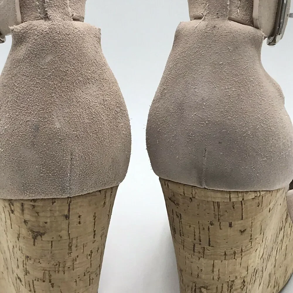Marc Fisher 10M Natural Taupe Haya Scallop Ankle Strap Espadrille Wedge Sandal